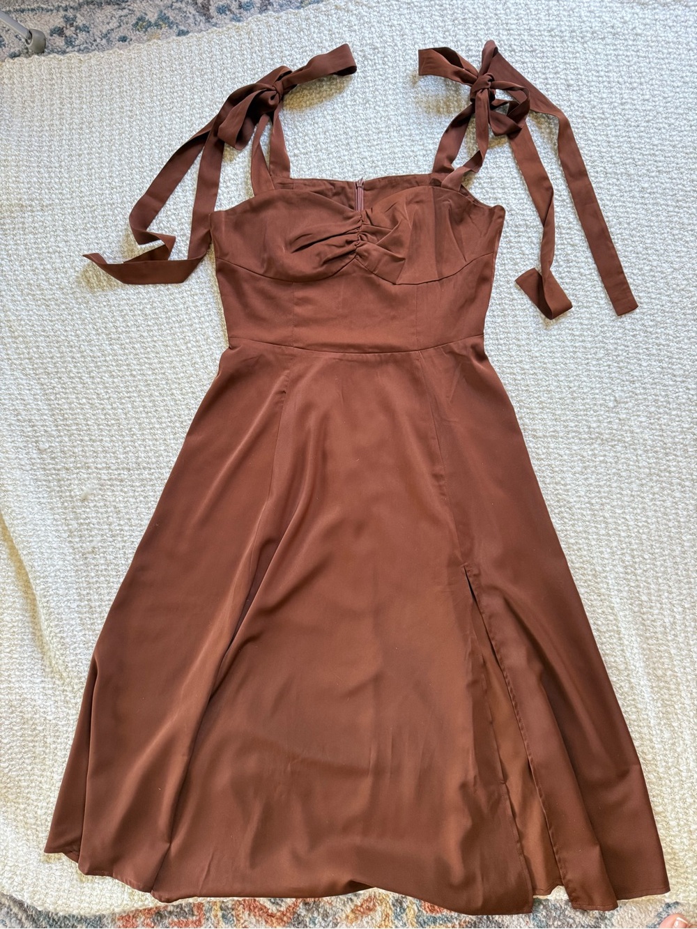 Brown Tie Shoulder Midi Dress Sweetheart Bodice Slit Size Large